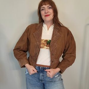Vintage 1980s Brown Suede Leather Cropped Jacket with paisley detail